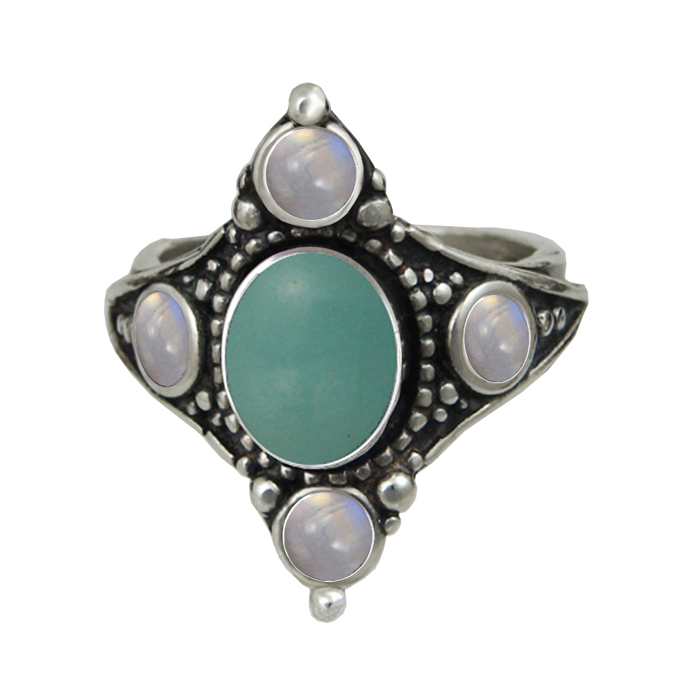 Sterling Silver Renaissance Queen's Ring With Aventurine And Rainbow Moonstone Size 9